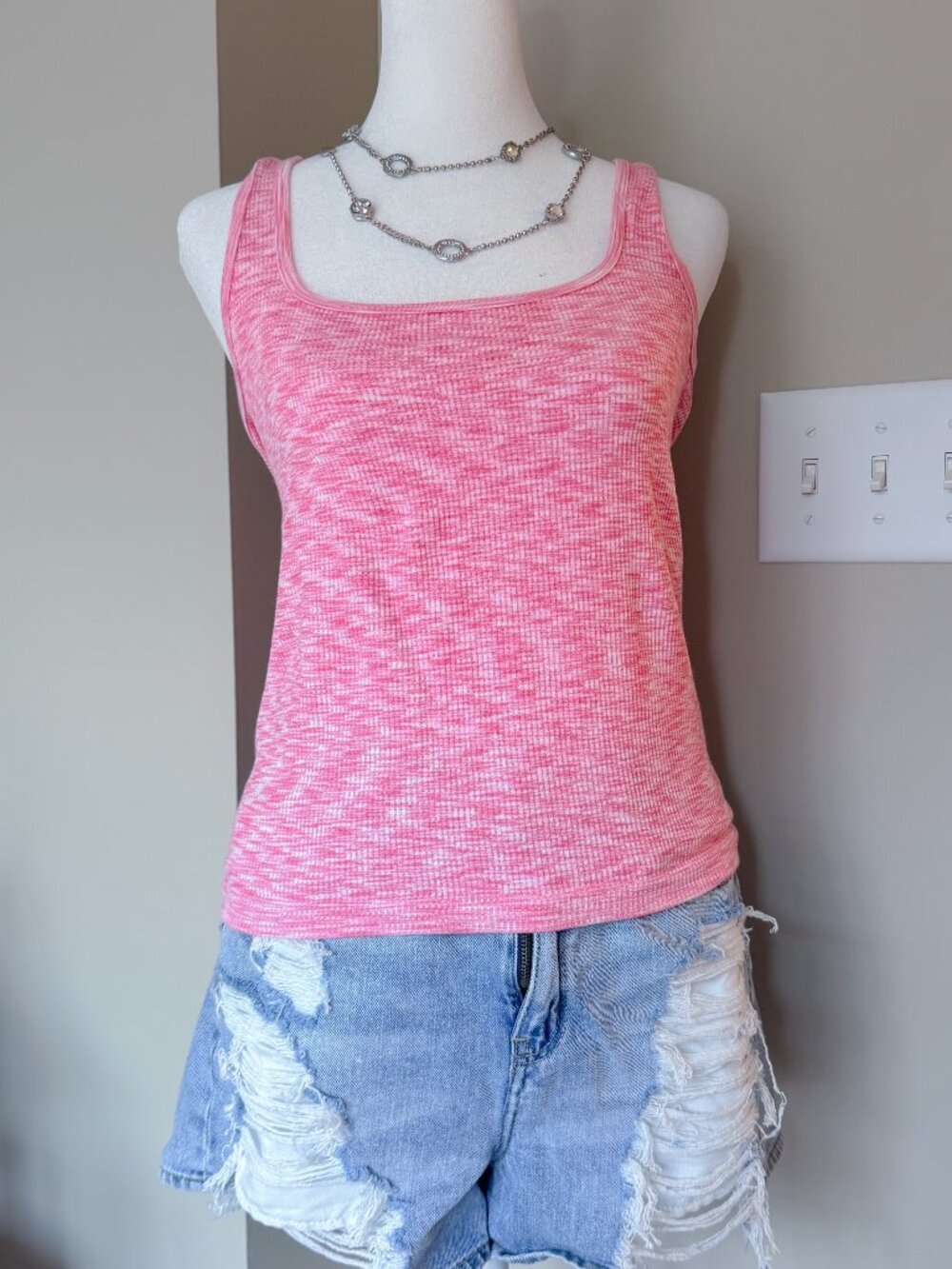 Anthropologie Pink Ribbed Tank Top Heathered Texture - Size Large